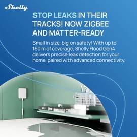 Shelly Flood Gen4 - Smart Matte Water Sensor with Leak Sensor Cable, IP44, Flood & Rain Detection, Adjustable Alarm Levels, Leak Detection, Timer Switch, Alexa, Google Home & Zigbee