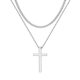 VQYSKO Cross Necklace for Men Women, CZ 14k Gold Plated Stainless Steel Plain Simple Cross Pendant Necklace for Men (20, Layered Silver), Stainless Steel, stainless steel