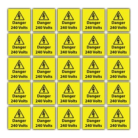 25 Pack - Danger 240 Volts Sticker Label - 55mm x 55mm - Electrical Danger 240v Sign