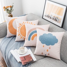 MAIGO 4PCs Rainbow Cushions Set - Boho Cushion Covers, Rainbow Bedroom Pillow Accessories for Girls Kids Adults, Cute Sun And Moon Home Pillows Decorative, Children Playroom Nursery Decor