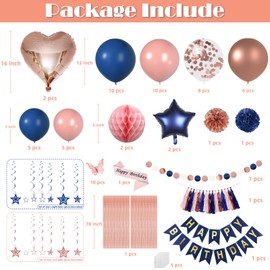 Navy Blue Rose Gold Balloons Set for Women Birthday Decorations of Balloons Kits, Happy Birthday Banner, 3D Butterfly Dots Garland, Paper Flower Poms for Women's 21st, 30th, 40th, 50th, 60th Birthday
