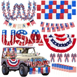Moucuny 25 Pcs 4th of July Car Parade Decorations Kit Metal Wire Garland Fringe Garlands American Flags Fan Shaped Hanging Flag Banner Bows and USA Tinsel Wreath for Independence Day Car Parade