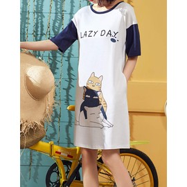 Hupohoi Big Girls' Short Sleeve Nightgown Lovely Cats Lazy Day Printed Sleep Dress PJS, Navy, 16(US 13-15 Years)