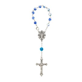Elegant Blue Floral One-Decade Rearview Mirror Auto Rosary with Prayer Card