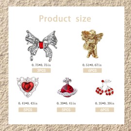 Yudisho 25 Pcs 3D Silver Nail Jewelry Set, Butterfly Heart Planet Cherry Cameo Angel Rhinestone Nail Gemstone, Red Nail Decoration Supplies