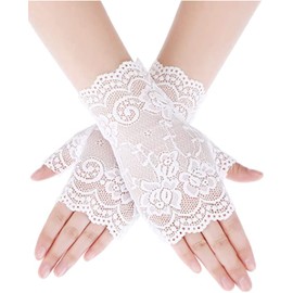 Papoopy Women White Lace Gloves for for Wedding, Tea Party, Cosplay, Costume (Lace-Fingerless-White)