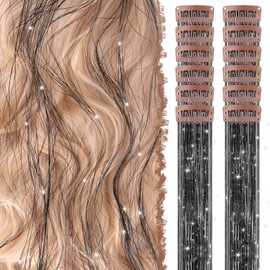 FESHFEN Clip in Hair Tinsel 12 PCs Black Clip ins Glitter Tinsel Hair Extensions Sparkle Fairy Hair Party Dazzle Colorful Hair Accessories Strands Kit for Women 20 Inch