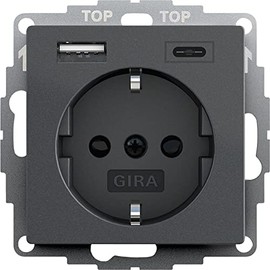Gira 245928 Schuko Socket USB Port Shutter Touch Protection 2-Way Type A (Max. 2.4A) Type C (Max. 3A) System 55 Anthracite Flush-Mounted Protective Contact Socket Wall Socket Smartphone Tablet 32 mm