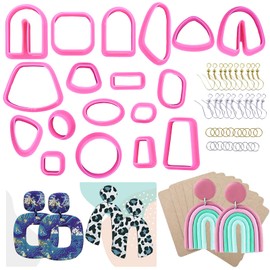 KRUCE 18 PC Polymer Clay Cutters,Different Shape Plastic Clay Earring Cutters with Earring Cards,Earring Hooks for Polymer Clay Jewelry Making(Pink)