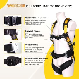 WHITEDEW Fall Protection Premium Safety Harness with Shock Absorbing Lanyard, Vented & Padded Shoulder, Legs & Back - Upgrade 4 Quick Buckles (Yellow)