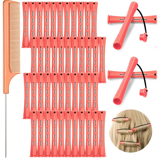 48-Piece Hair Perm Rods Set Set Cold Wave Rods Plastic Perm Rods Curler 0.51 Inches / 1.3 cm with Stainless Steel Rat Tail Comb Pintail Comb for Hairdressing Styling Tools, Pink