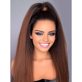 JINXIMEIHE Ombre Kinky Straight Lace Front Wigs Human Hair Pre Plucked Bleached Tiny Knots Black to Brown Yaki Straight Human Hair Wigs for Women 16 Inch