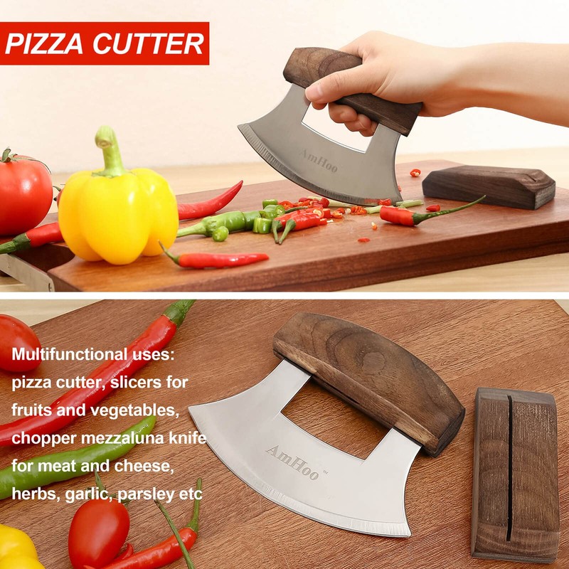 Amhoo Pizza Cutter Chef Mezzaluna Ulu Knife Handle Walnut Wood