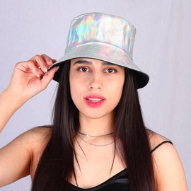 JAZTAKU Unisex Silver Bucket Hat Light Waterproof Rain Hat Reversible Shiny Rave Bucket Hat for Concert Festival
