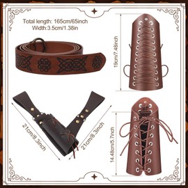 Sweetude 5 Pcs Medieval Belt Renaissance Costume Viking Leather Belt Pouch Arm Guard Dagger Cover Belt Cork Potion Bottle (Brown,Classic Style)