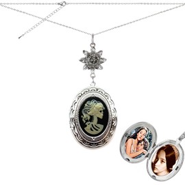 Yspace Lotus Charm Necklace Antique Decor Cameo Pendant 2 Chains Velvet Pouch for Gift (Mini Skull Locket)