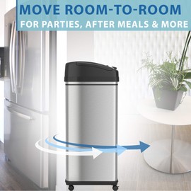 iTouchless Touchless Glide 13 Gallon Pet-Proof Sensor Trash Can with Odor Control System and Wheels, Stainless Steel Kitchen Wastebasket Bin, Silver with Black Trim