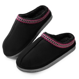 Slippers for Womens Suede House Bedroom Platform Shoes Indoor Outdoor with Fuzzy Lining Hard Sole Slip on Black Size 7-8