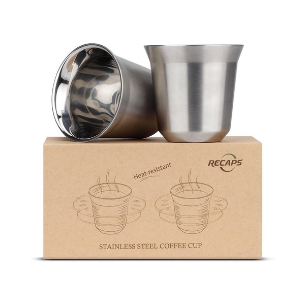 80ml Stainless Steel Espresso Cups Set - 2 Pack Double Wall 304 Stainless Steel Demitasse Cups 2.7oz By RECAPS