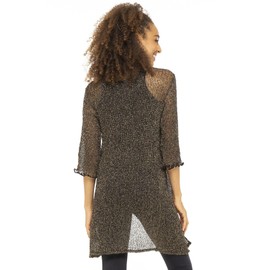 Back From Bali Womens Metallic Sheer Long Cardigan Open Front Shrug Lite Kimono Sweater Lightweight Knit Black Gold