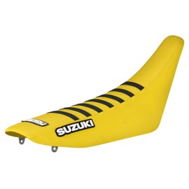 Enjoy Mfg Seat Cover - Compatible Fit for 1996-2000 Suzuki RM125 RM250#74 Logo (All Yellow with Black Ribs)