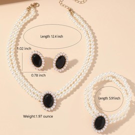 bike8 Rhinestone Wedding Jewelry Set for Women Bridal Jewelry Sets Pearl Necklace Earrings Bracelet Set Rhinestone Crystal Bride Statement Necklace Christmas Party Prom Jewelry Set (Glod-Black)