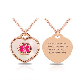 Divoti Mother of Pearl PVD Rose Gold Heart Medical Alert ID Necklace for Women 28 IN-Vivid Red