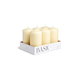 BASK Cone Top Pillar Candles - Set of 6-3" x 6" Dripless Unscented Candles in Ivory for Home Decor, Relaxation & All Occasions