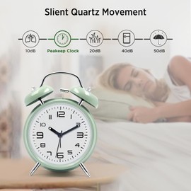Loud Alarm Clock for Heavy Sleepers Adults, Metal 4 Inches Twin Bell Battery Operated Alarm Clocks for Bedrooms Decoration, Silent Non-Ticking Back-to-School Gift (Mint Green)