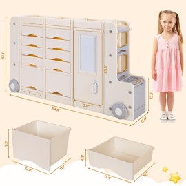 MAMIZO Kids Large Toys Storage Organizer, Bus Cart Cabinet Closed 10 Bins, Big Chest, Open Top & Side Shelves Combo, Multipurpose Toy and Book Storage Solution, with Drawing Board