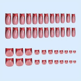 48Pcs Medium Square Press on Nails Short Square Press on Toenails Red French Tips Stick on Nails with Heart Design Chrome Glossy Full Cover Fake Nails Cute Summer False Toenails Kit for Women Manicure