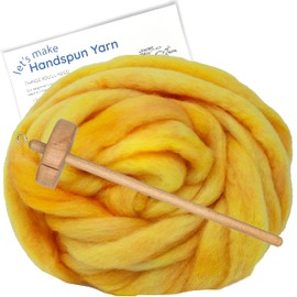 Learn to Spin Yarn - Beginner's Spinning Kit Includes Drop Spindle, Hand Dyed BFL Wool Roving and Printed Instructions with Video. Color: Lemon