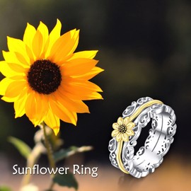 VONALA Sunflower Fidget Rings for Anxiety 925 Sterling Silver Sunflower Spinner Rings for Women Anti Stress Mood Rings Gifts Band Wide 6#