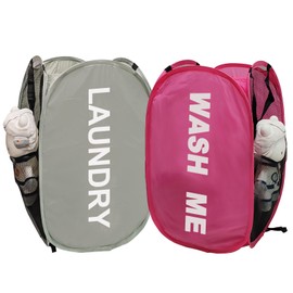 Aplter Pack of 2 Mesh Pop Up Hampers Collapsible Laundry Baskets for Dirty Clothes Storage With Side Pocket for Students, College Dorm, Apartment (Grey+Pink)