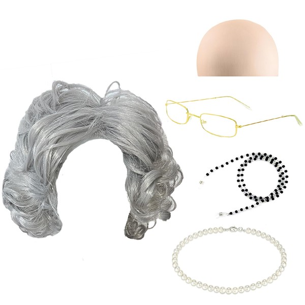 LURVOUS 5 Pcs Old Lady Fancy Dress, Granny Wig Old