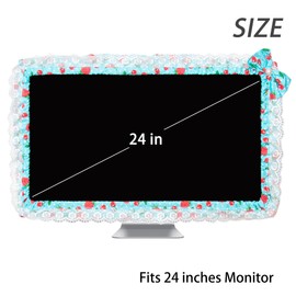Kingshion 24 -27 in Lovely Cute Computer Monitor Cover with Lovely Cute Elastic Pen Pocket Bow-knot TV LCD Screen Monitor Decoration Dust Cover Protector, Lace Fabric - Blue