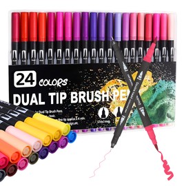 Felt & Fine Tips Colouring Pens (Set of 24) - Professional Dual Tip Brush Pens For Artist | Fine Liner Coloured Pens for Drawing Sketching, Shading & Calligraphy