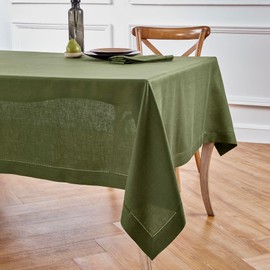Solino Home Olive Linen Tablecloth 60 x 120 Inch - 100% Pure Linen Hemstitch Table Cloth for Rectangle Tables - Classic Hemstitch, Machine Washable Tablecloth
