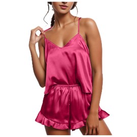 Celucke Women's Satin Pajama Set, V Neck Camisole Top and Shorts Sleepwear Luxurious Comfortable Nightwear for Ladies, Satin Pyjamas For Women, Pj Shorts Set, Ladies Comfort Lounge Wear Hot Pink
