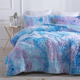 Wajade Fluffy Fuzzy Faux Fur King Size Comforter Set - King Duvet for Warm and Cozy Soft Bedroom 3 Pieces Premium Bedding Comforter Sets Galaxy Blue