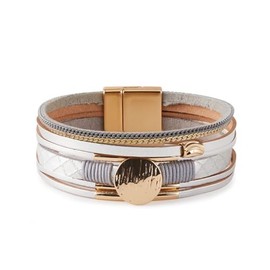 MMIUAEG Multi-layer Round Charm Leather Bracelet Bohemian Wrap Bracelets with Clasp Leather Cuff Bangle Stackable Wristband Boho Jewelry for Women-Silver