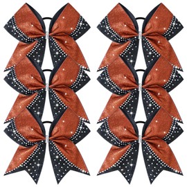 6PCS Glitter Cheer Bow Large Cheer Bows Rhinestones Hair Bows Girls 8"Cheerleading Bows Bulk Elastic Band Ponytail Holder for Teen Girls College Sports Competition Red Black