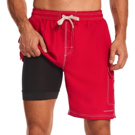HODOSPORTS Mens Swim Trunks with Compression Liner 9 inch Bathing Suit Quick-Dry Swim Shorts Cargo Pockets S-4XL Red XL
