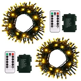 DBFAIRY 2 Pack-16.4ft Outdoor Christmas Tree String Lights 50 Warm White LEDs Battery Operated with Remote Control Green Cable 8 Modes Changing for Bedroom Party Xmas Patio Decor