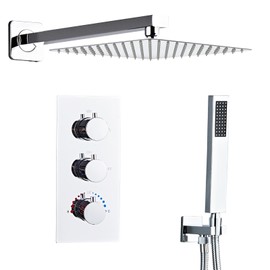 SaniteModar Thermostatic shower systems 12 inch, polished chrome Square Rainfall Shower Head with Handheld Shower Vaval and Trim Kit Wall Mounted Shower Faucet Set, Matte Black Shower Head
