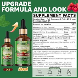 LILICARE Organic Chlorophyll Liquid Drops Liposomal for Women & Men, 6-in-1 Greens Superfood Vegan Chlorophyll w/Spirulina, Wheat Grass, Vitamin C B12 A for Internal Deodorant*, Energy,Digestive,2Packs/4 Fl Oz
