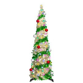 Artificial Christmas Trees with Lights- 5 Ft Tinsel Artificial Christmas Tree, Collapsible with Timer 50 Lights 10 Balls, Fake Pencil Christmas Tree Christmas Decor Home Bedroom Fireplace(Gold Green)