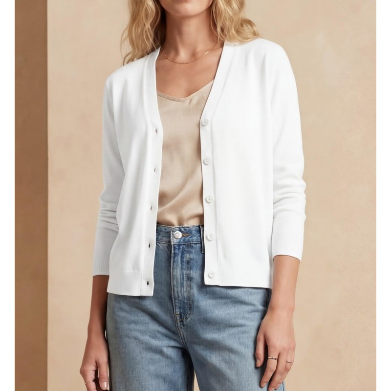 GRECERELLE Womens White Lightweight Long Sleeve Cardigan Casual Button Down
