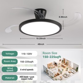 Slim Retractable Ceiling Fans with Lights and Remote Control, 48 inch Black Low Profile Ceiling Fan,20W Dimmable LED,Timer Setting,Memory Function Modern Chandelier for Living Room Bedroom