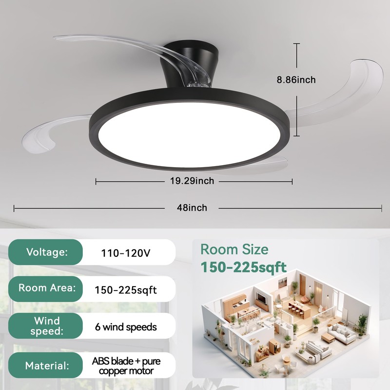 Slim Retractable Ceiling Fans with Lights and Remote Control, 48